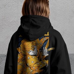 Anime Graphic Unisex Zenitsu Black Hoodie Demon slayer cotton pullover sweater